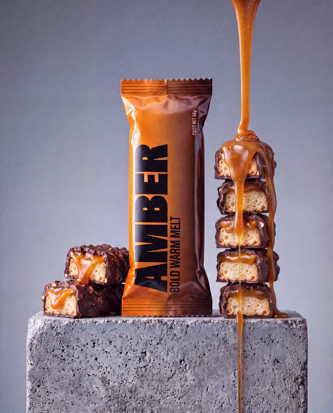 AMBER, barre et caramel coulant sur pierre