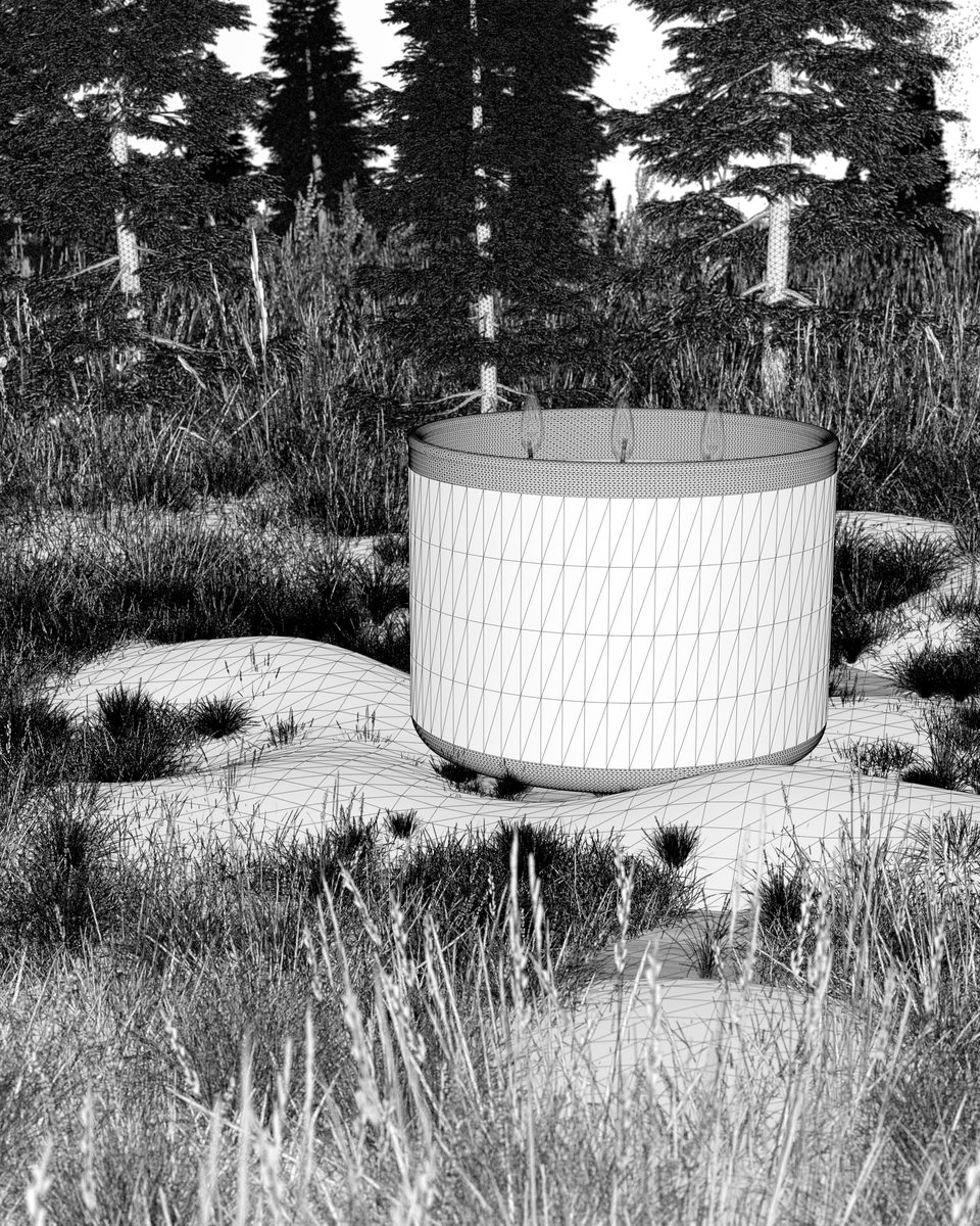 La scène complète en wireframe : bougie, neige, herbe et sapins