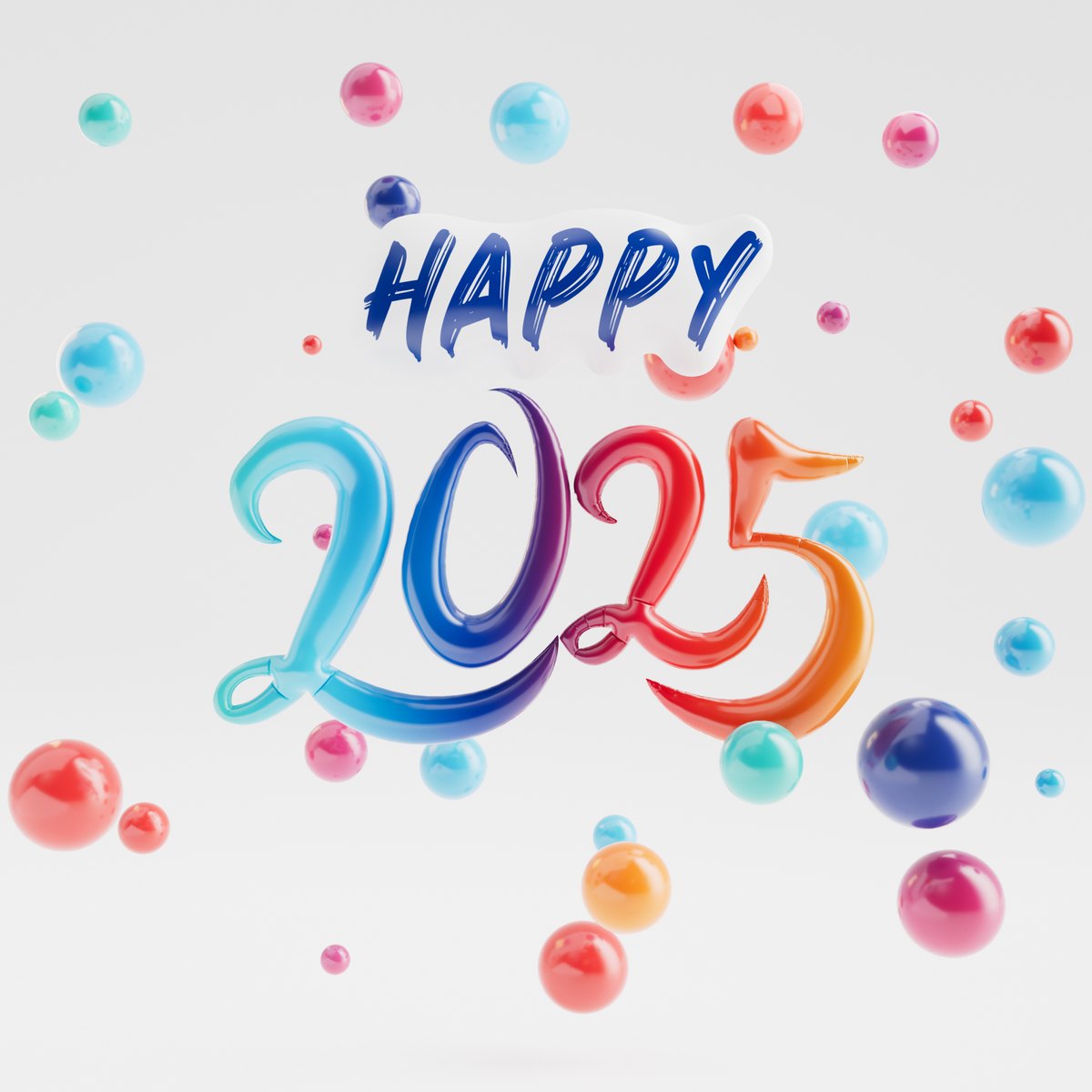 Happy 2025 avec des ballons dispersés
